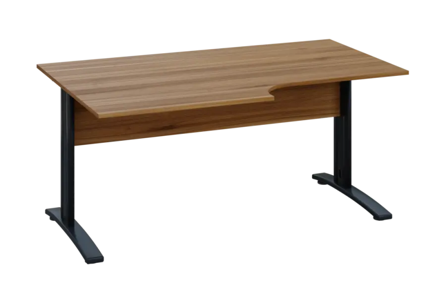 ERK 18 - 168 stůl kancelářský, rohový, levý, kovová podnož černá, deska 18 mm, široký 1600 mm, ořech světlý